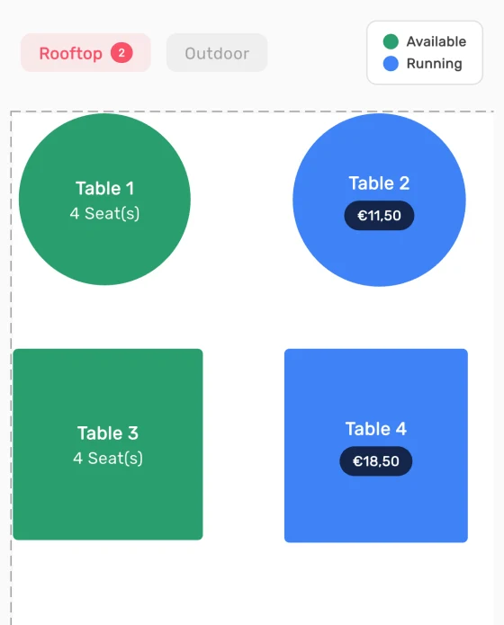 Table floor plan in the Dinemetrics staff app