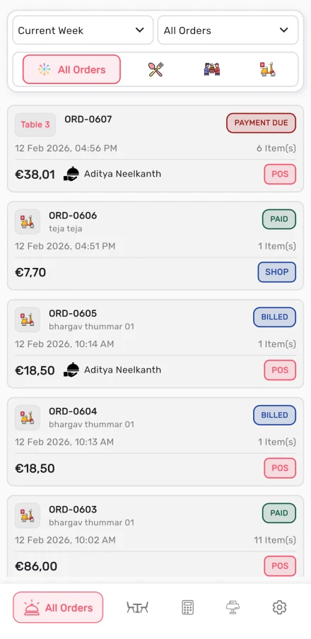 Order list in the Dinemetrics staff app