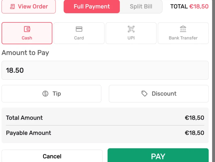 Dinemetrics payment screen