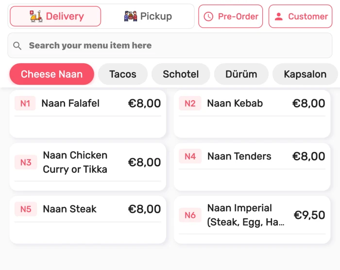 Dinemetrics POS menu screen