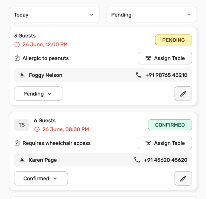 Dinemetrics reservations screen